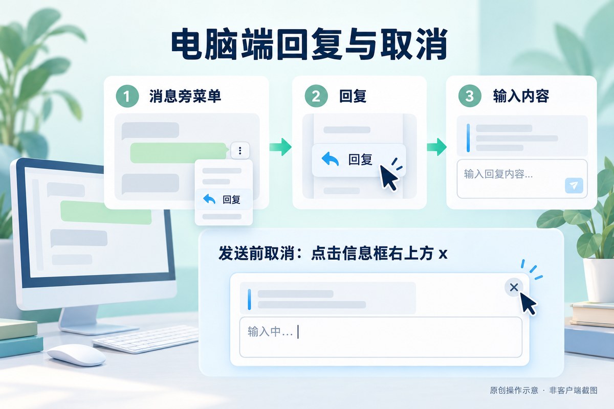 MChat网页和桌面端从消息菜单回复及发送前取消引用的原创示意
