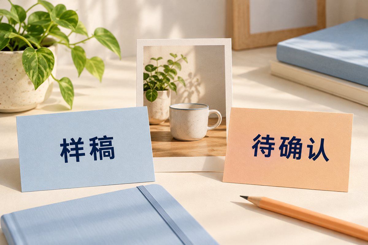 静物照片样稿旁放着样稿和待确认两张卡片