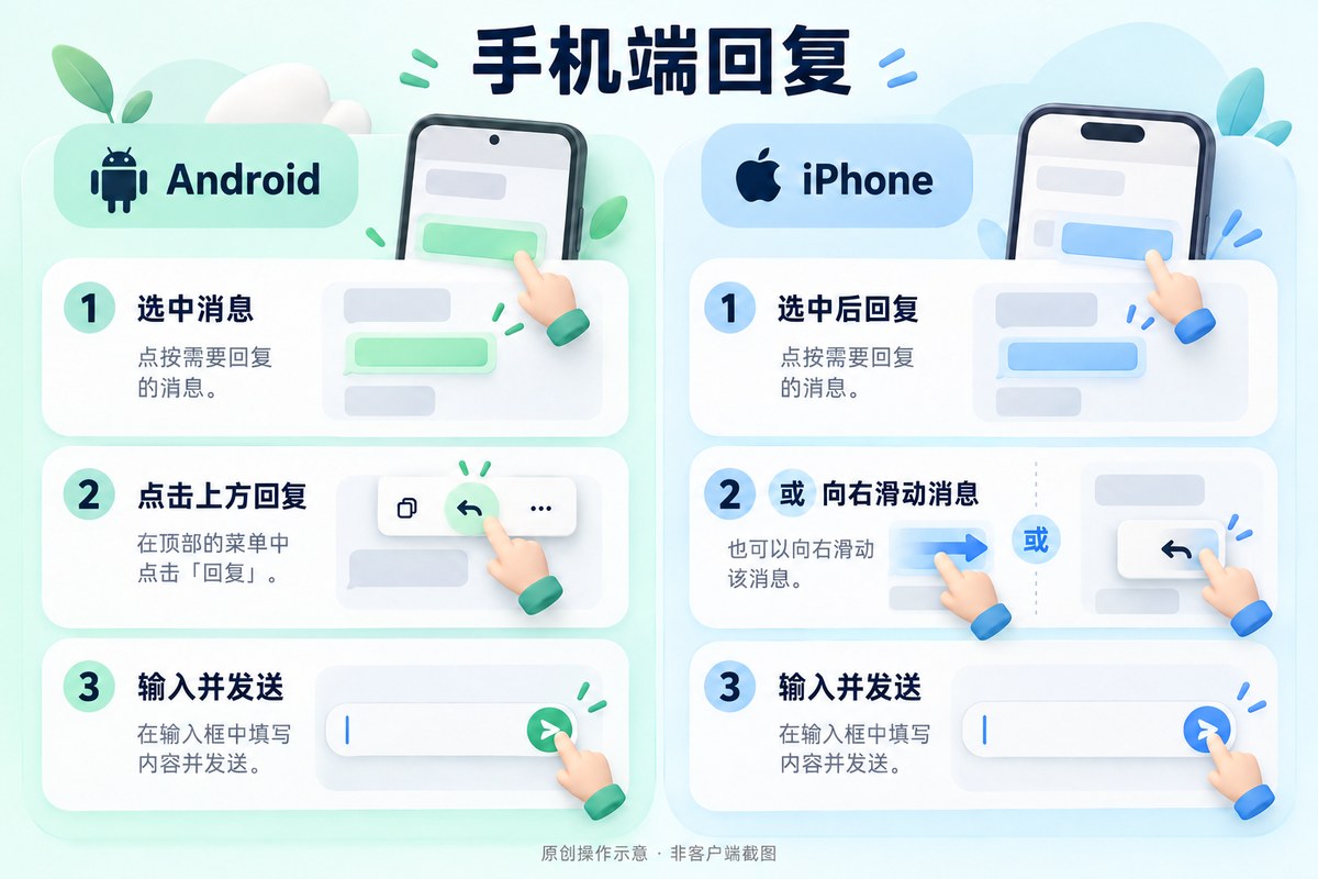 MChat Android与iPhone回复指定消息的操作流程原创示意