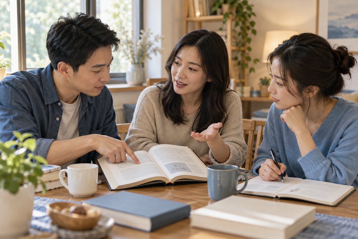 三位读者回到原段落比较各自理解并记录待补读内容